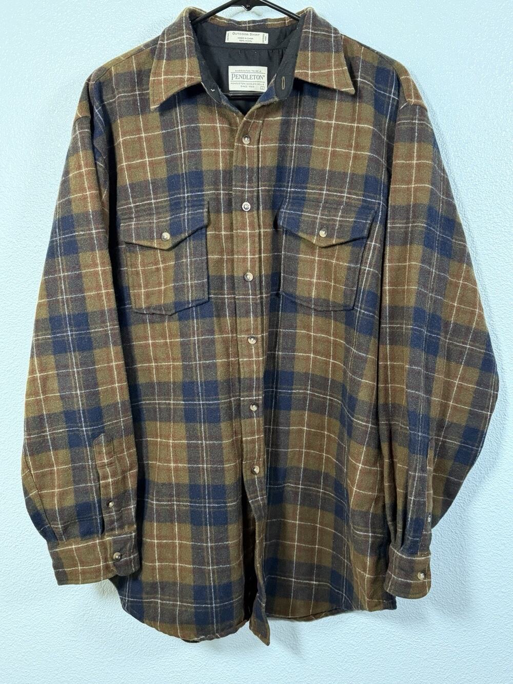 Pendleton Outdoor Shirt Large Tall 100% Wool Plaid Brown Olive Navy Flannel